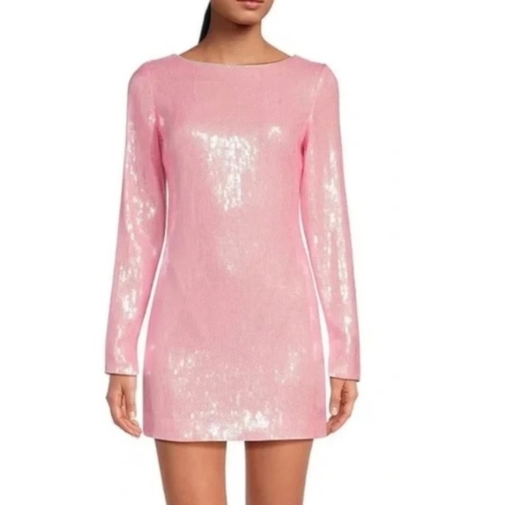 Gianni Bini Sequin Mini Dress Womens 14 Pink Long Sleeve Open Back Shift - Picture 10 of 12